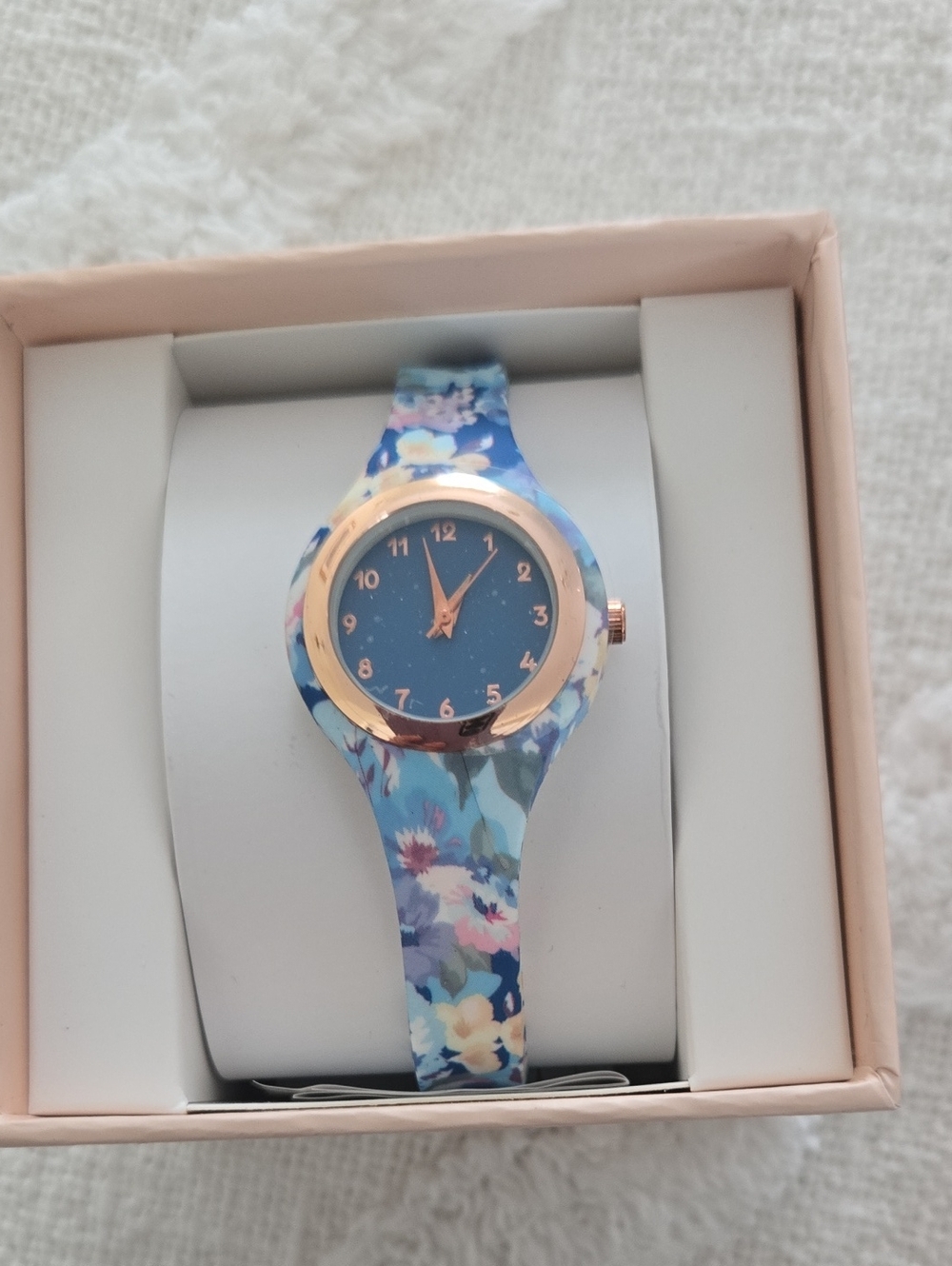 Blue Floral Silicone Women's Watch with Rose Gold Accents
